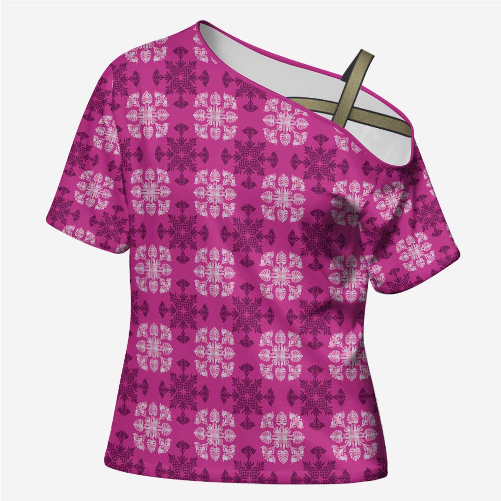 Pink Hawaiian Quilt Cross Shoulder Shirt Hawaii Pineapple Monstera Palaka Motifs - Polynesian Pride
