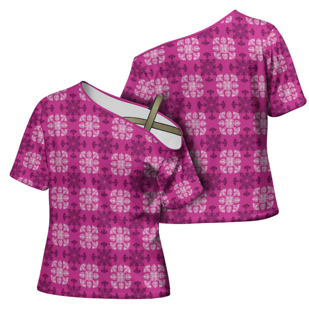 Pink Hawaiian Quilt Cross Shoulder Shirt Hawaii Pineapple Monstera Palaka Motifs - Polynesian Pride