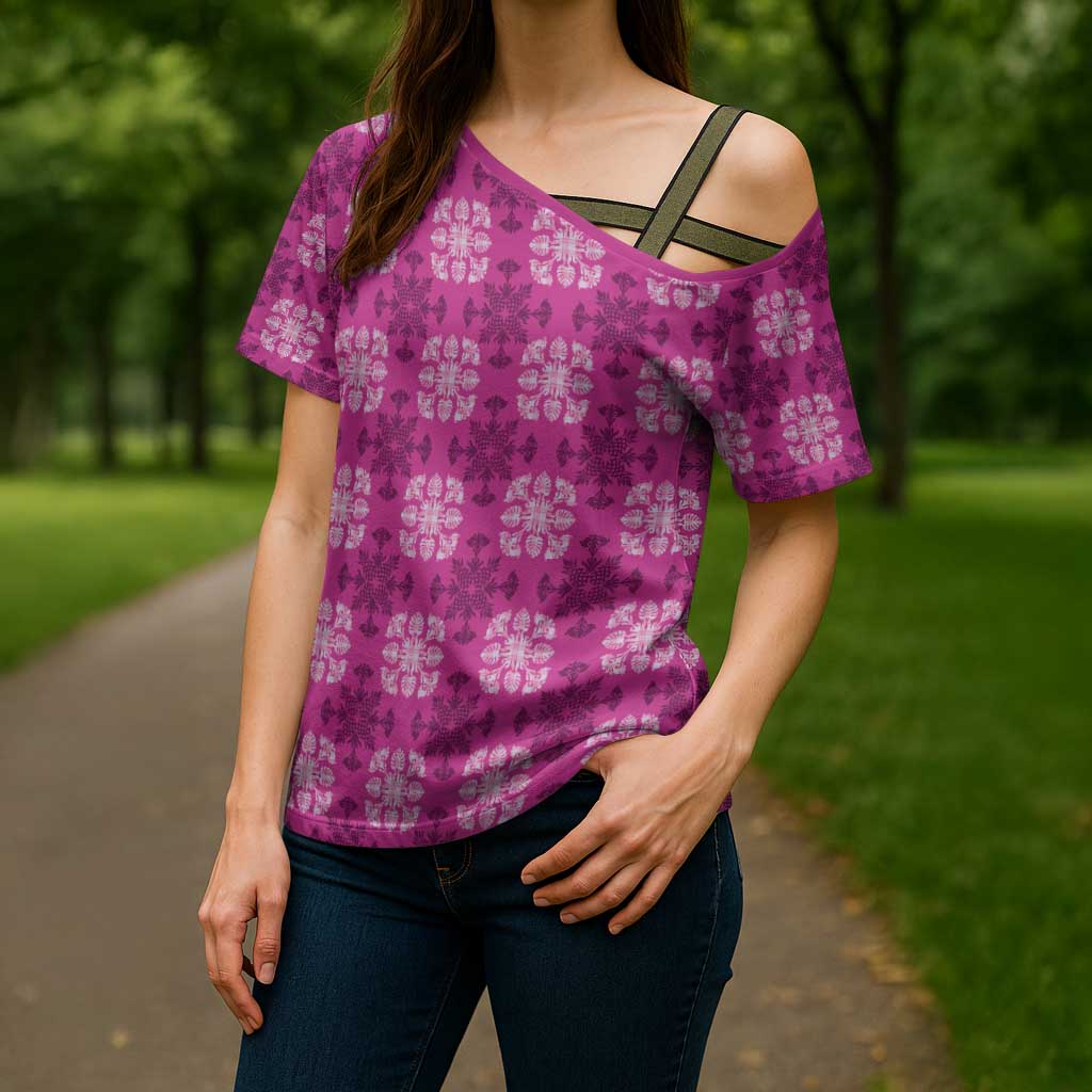 Pink Hawaiian Quilt Cross Shoulder Shirt Hawaii Pineapple Monstera Palaka Motifs - Polynesian Pride