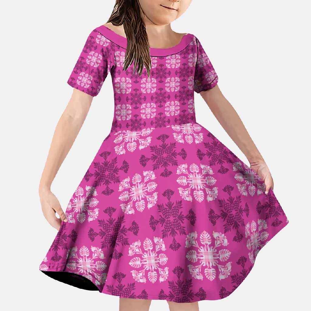 Pink Hawaiian Quilt Family Matching Long Sleeve Bodycon Dress and Hawaiian Shirt Hawaii Pineapple Monstera Palaka Motifs LT14 Daughter's Dress Pink - Polynesian Pride