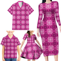 Pink Hawaiian Quilt Family Matching Long Sleeve Bodycon Dress and Hawaiian Shirt Hawaii Pineapple Monstera Palaka Motifs LT14 - Polynesian Pride