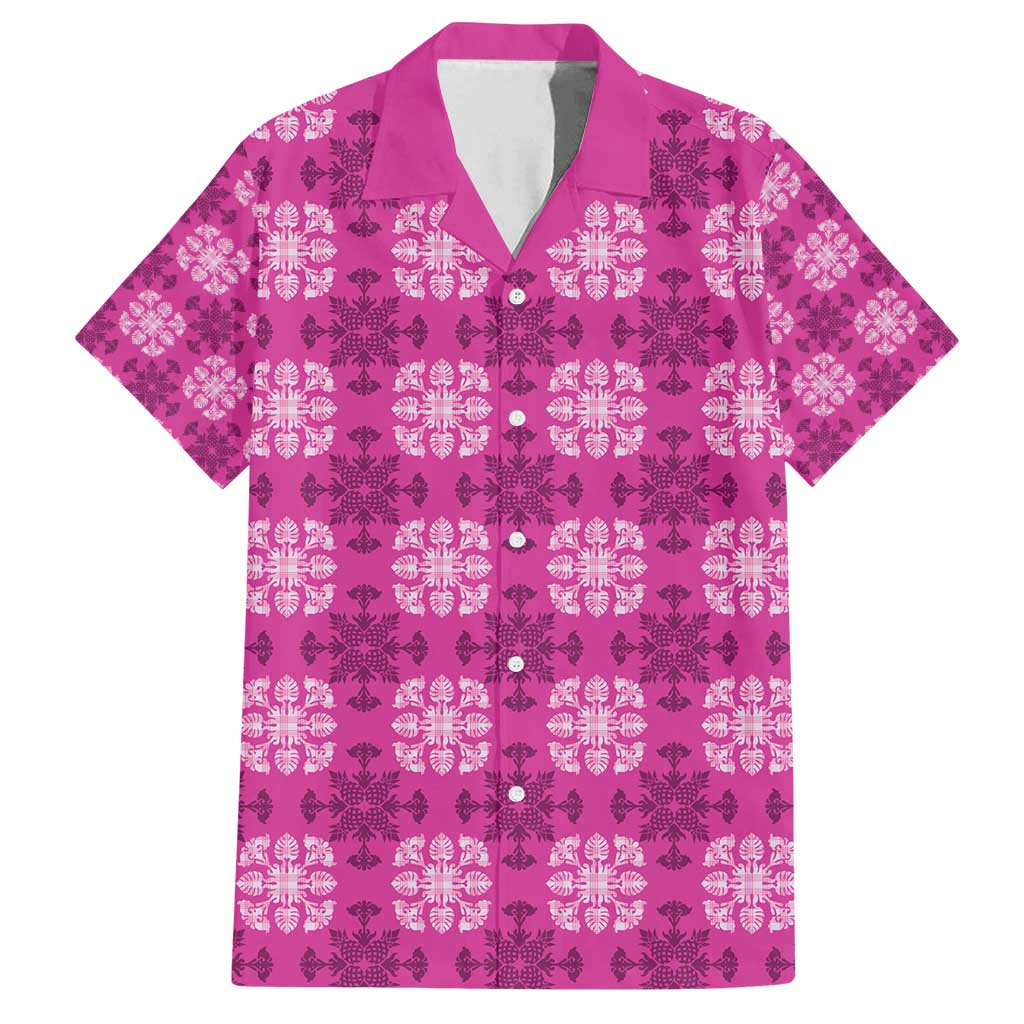 Pink Hawaiian Quilt Family Matching Long Sleeve Bodycon Dress and Hawaiian Shirt Hawaii Pineapple Monstera Palaka Motifs LT14 Dad's Shirt - Short Sleeve Pink - Polynesian Pride