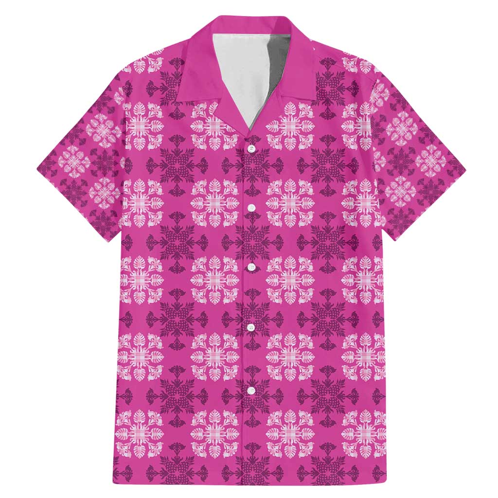Pink Hawaiian Quilt Family Matching Mermaid Dress and Hawaiian Shirt Hawaii Pineapple Monstera Palaka Motifs LT14 Dad's Shirt - Short Sleeve Pink - Polynesian Pride