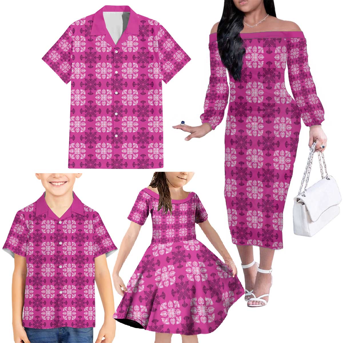 Pink Hawaiian Quilt Family Matching Off The Shoulder Long Sleeve Dress and Hawaiian Shirt Hawaii Pineapple Monstera Palaka Motifs LT14 - Polynesian Pride