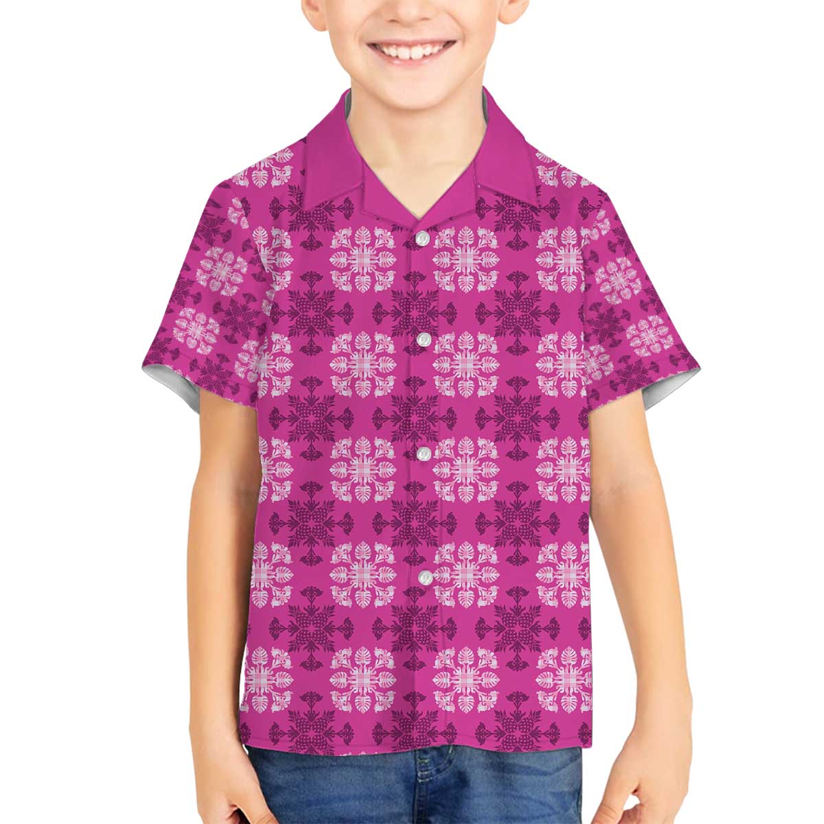 Pink Hawaiian Quilt Family Matching Off The Shoulder Long Sleeve Dress and Hawaiian Shirt Hawaii Pineapple Monstera Palaka Motifs LT14 Son's Shirt Pink - Polynesian Pride