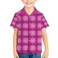 Pink Hawaiian Quilt Family Matching Off The Shoulder Long Sleeve Dress and Hawaiian Shirt Hawaii Pineapple Monstera Palaka Motifs LT14 Son's Shirt Pink - Polynesian Pride
