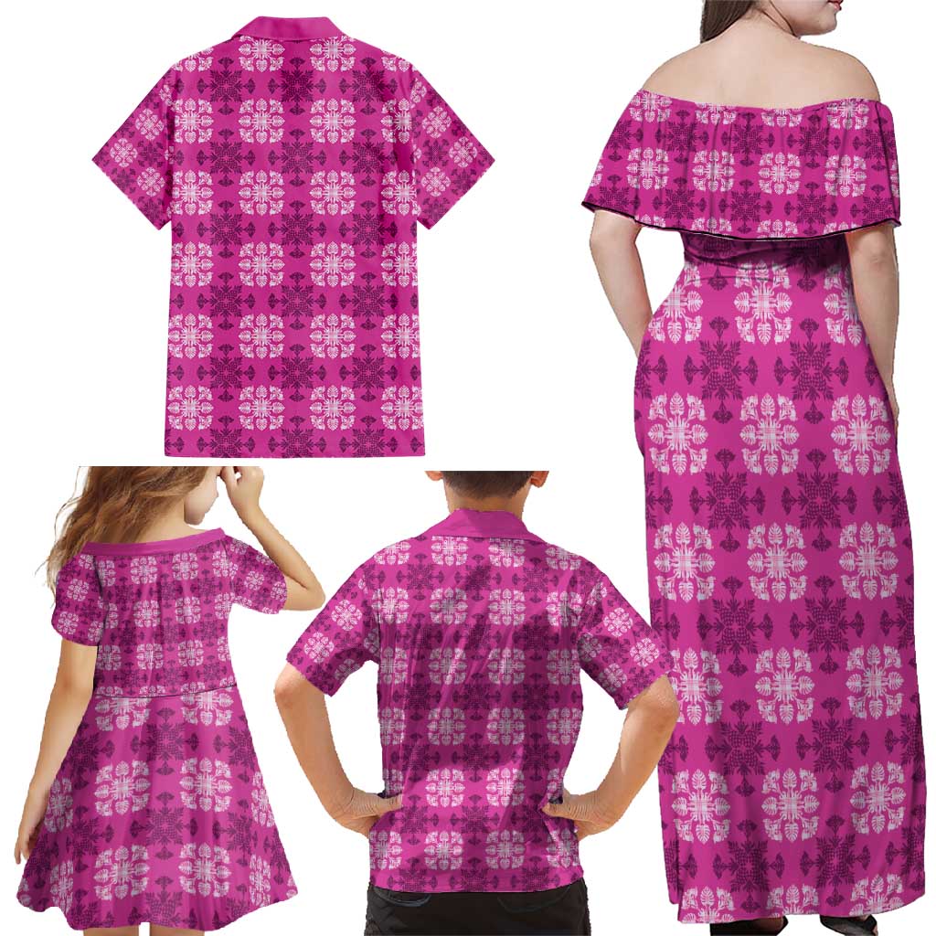 Pink Hawaiian Quilt Family Matching Off Shoulder Maxi Dress and Hawaiian Shirt Hawaii Pineapple Monstera Palaka Motifs LT14 - Polynesian Pride