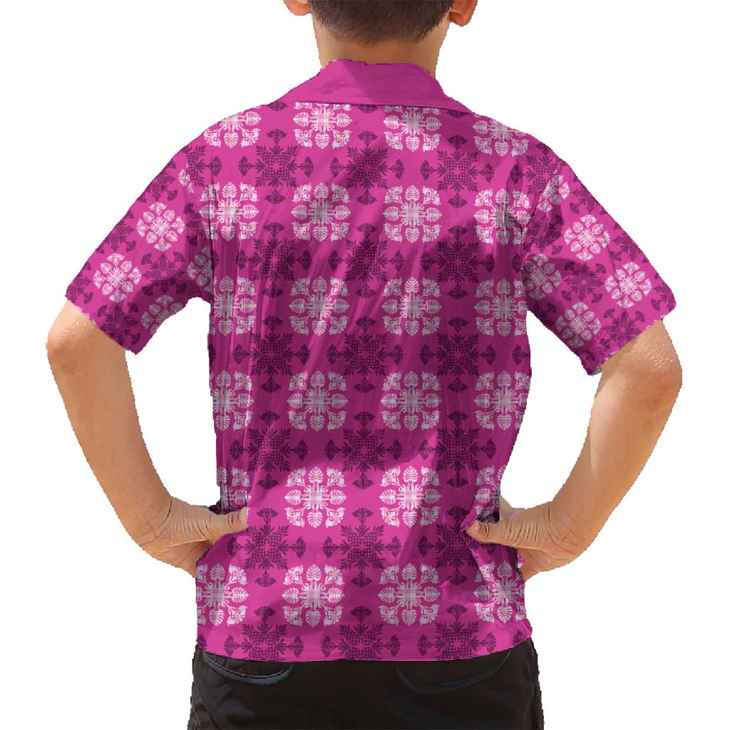 Pink Hawaiian Quilt Family Matching Off Shoulder Short Dress and Hawaiian Shirt Hawaii Pineapple Monstera Palaka Motifs LT14 - Polynesian Pride