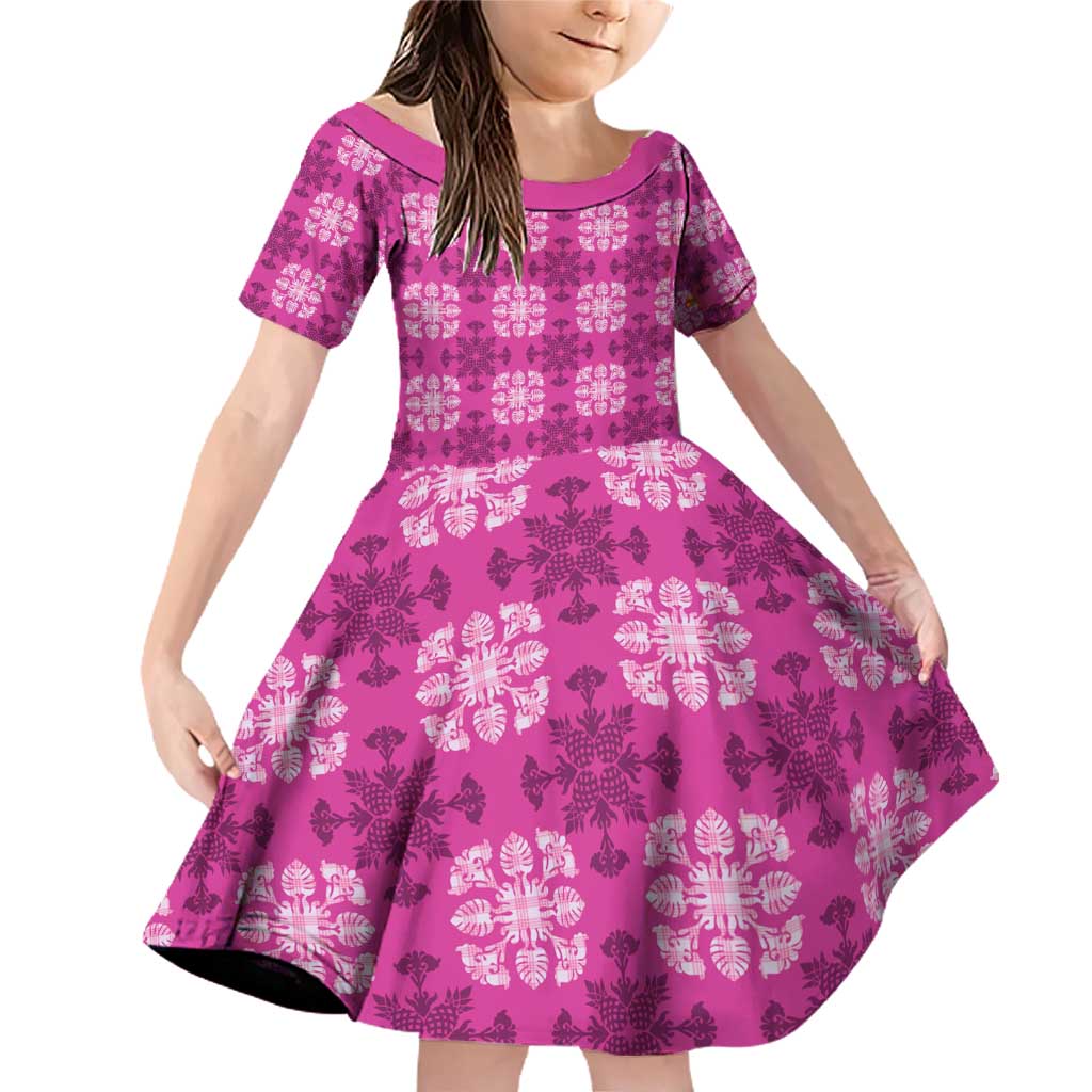 Pink Hawaiian Quilt Family Matching Off Shoulder Short Dress and Hawaiian Shirt Hawaii Pineapple Monstera Palaka Motifs LT14 Daughter's Dress Pink - Polynesian Pride