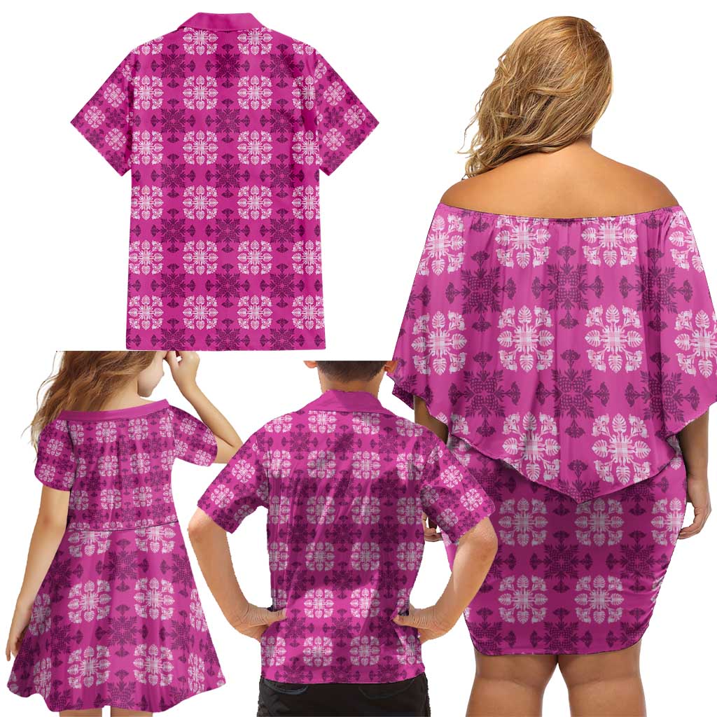 Pink Hawaiian Quilt Family Matching Off Shoulder Short Dress and Hawaiian Shirt Hawaii Pineapple Monstera Palaka Motifs LT14 - Polynesian Pride