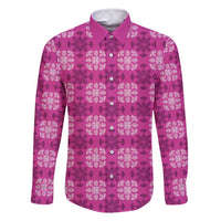 Pink Hawaiian Quilt Family Matching Off Shoulder Short Dress and Hawaiian Shirt Hawaii Pineapple Monstera Palaka Motifs LT14 Dad's Shirt - Long Sleeve Pink - Polynesian Pride