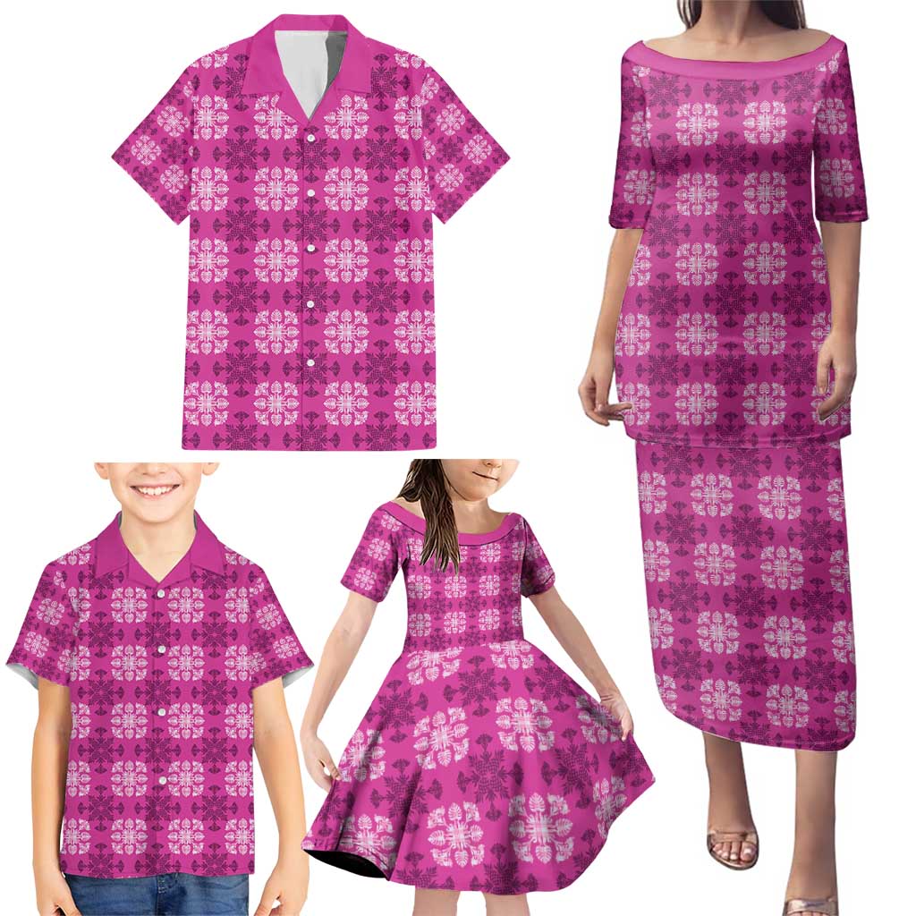 Pink Hawaiian Quilt Family Matching Puletasi and Hawaiian Shirt Hawaii Pineapple Monstera Palaka Motifs LT14 - Polynesian Pride