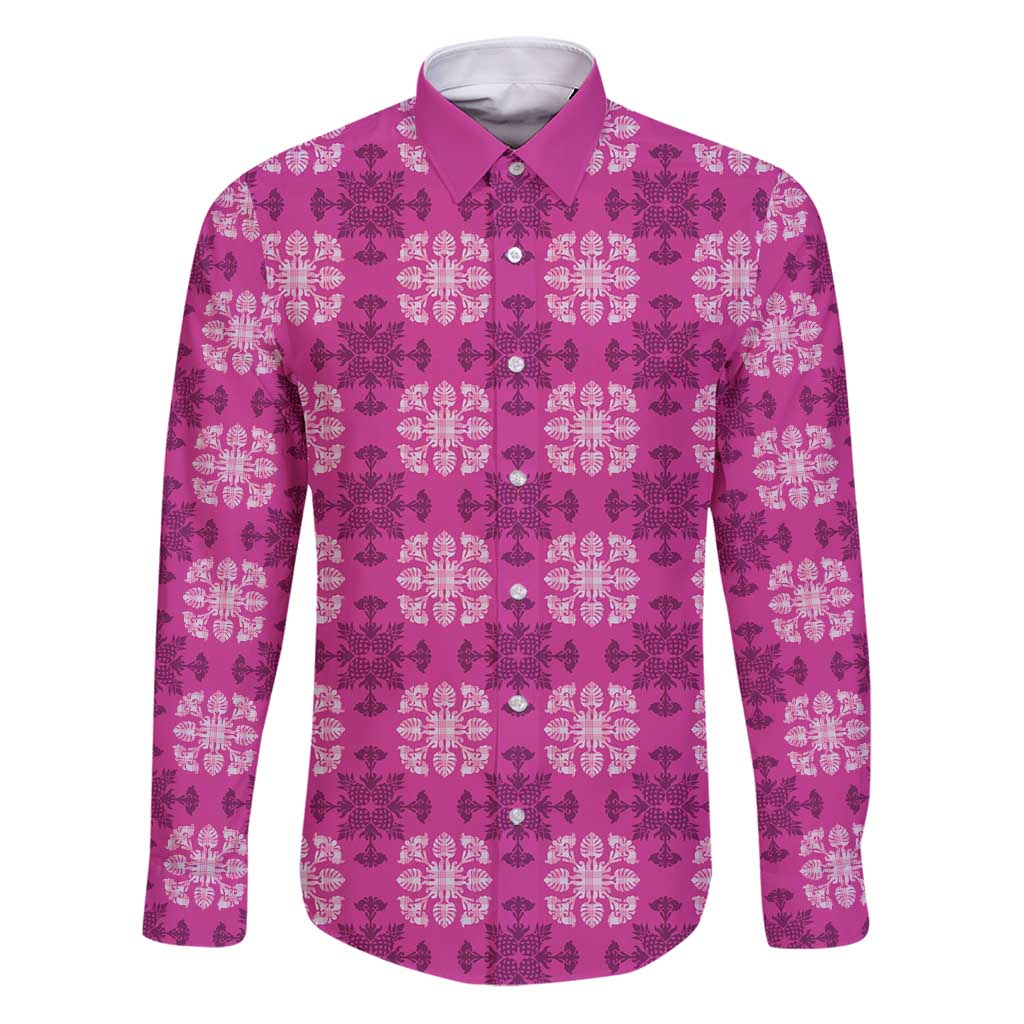 Pink Hawaiian Quilt Family Matching Puletasi and Hawaiian Shirt Hawaii Pineapple Monstera Palaka Motifs LT14 Dad's Shirt - Long Sleeve Pink - Polynesian Pride
