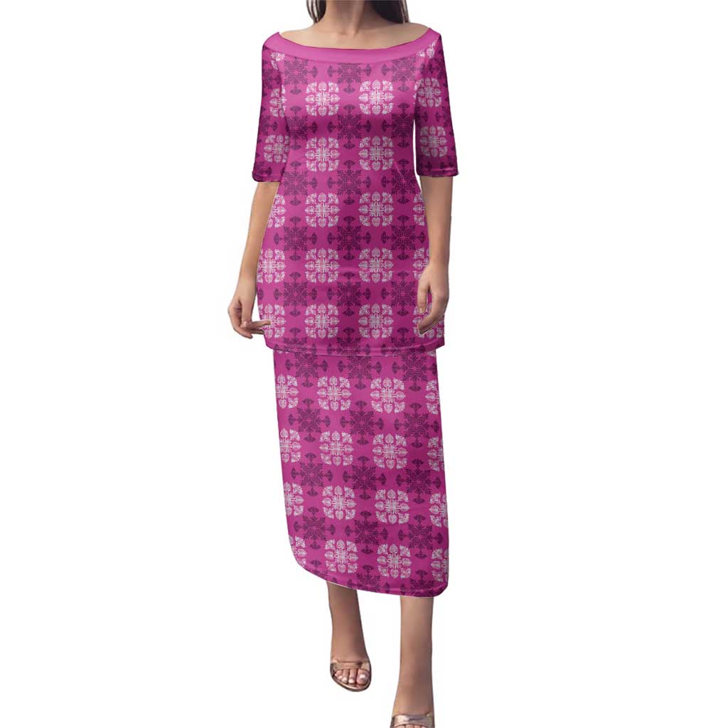 Pink Hawaiian Quilt Family Matching Puletasi and Hawaiian Shirt Hawaii Pineapple Monstera Palaka Motifs LT14 Mom's Dress Pink - Polynesian Pride