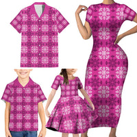 Pink Hawaiian Quilt Family Matching Short Sleeve Bodycon Dress and Hawaiian Shirt Hawaii Pineapple Monstera Palaka Motifs LT14 - Polynesian Pride
