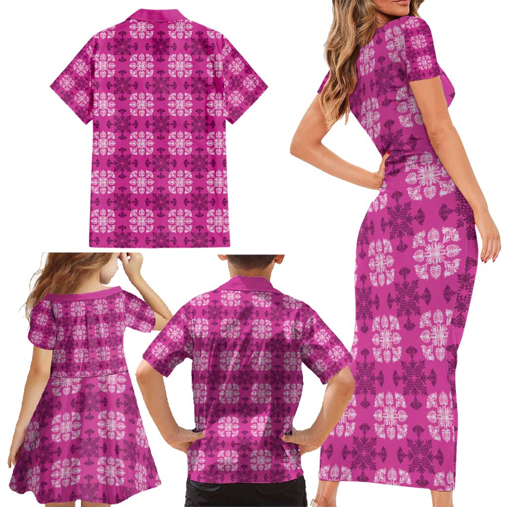 Pink Hawaiian Quilt Family Matching Short Sleeve Bodycon Dress and Hawaiian Shirt Hawaii Pineapple Monstera Palaka Motifs LT14 - Polynesian Pride