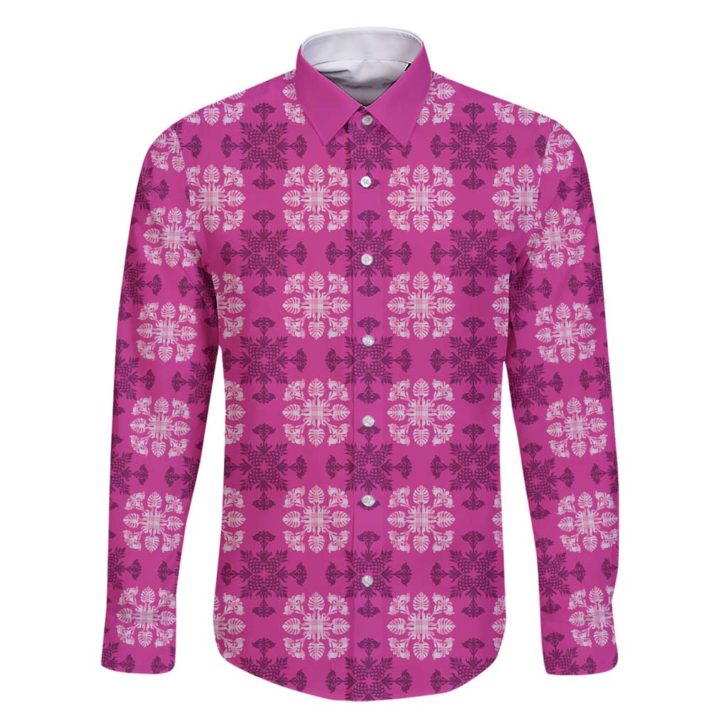 Pink Hawaiian Quilt Family Matching Short Sleeve Bodycon Dress and Hawaiian Shirt Hawaii Pineapple Monstera Palaka Motifs LT14 Dad's Shirt - Long Sleeve Pink - Polynesian Pride
