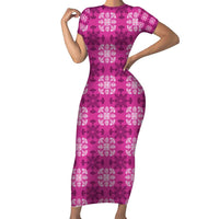 Pink Hawaiian Quilt Family Matching Short Sleeve Bodycon Dress and Hawaiian Shirt Hawaii Pineapple Monstera Palaka Motifs LT14 Mom's Dress Pink - Polynesian Pride