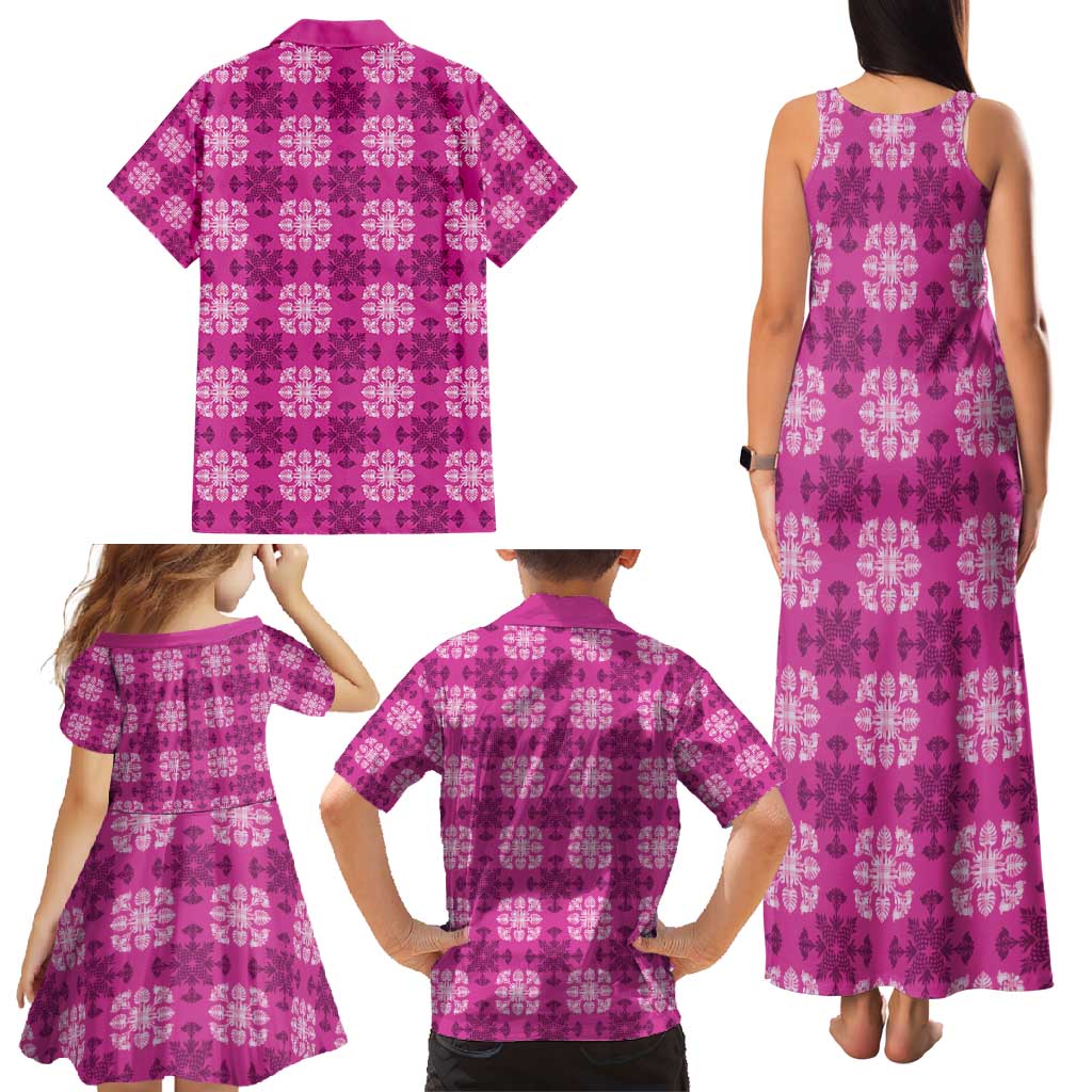 Pink Hawaiian Quilt Family Matching Tank Maxi Dress and Hawaiian Shirt Hawaii Pineapple Monstera Palaka Motifs LT14 - Polynesian Pride