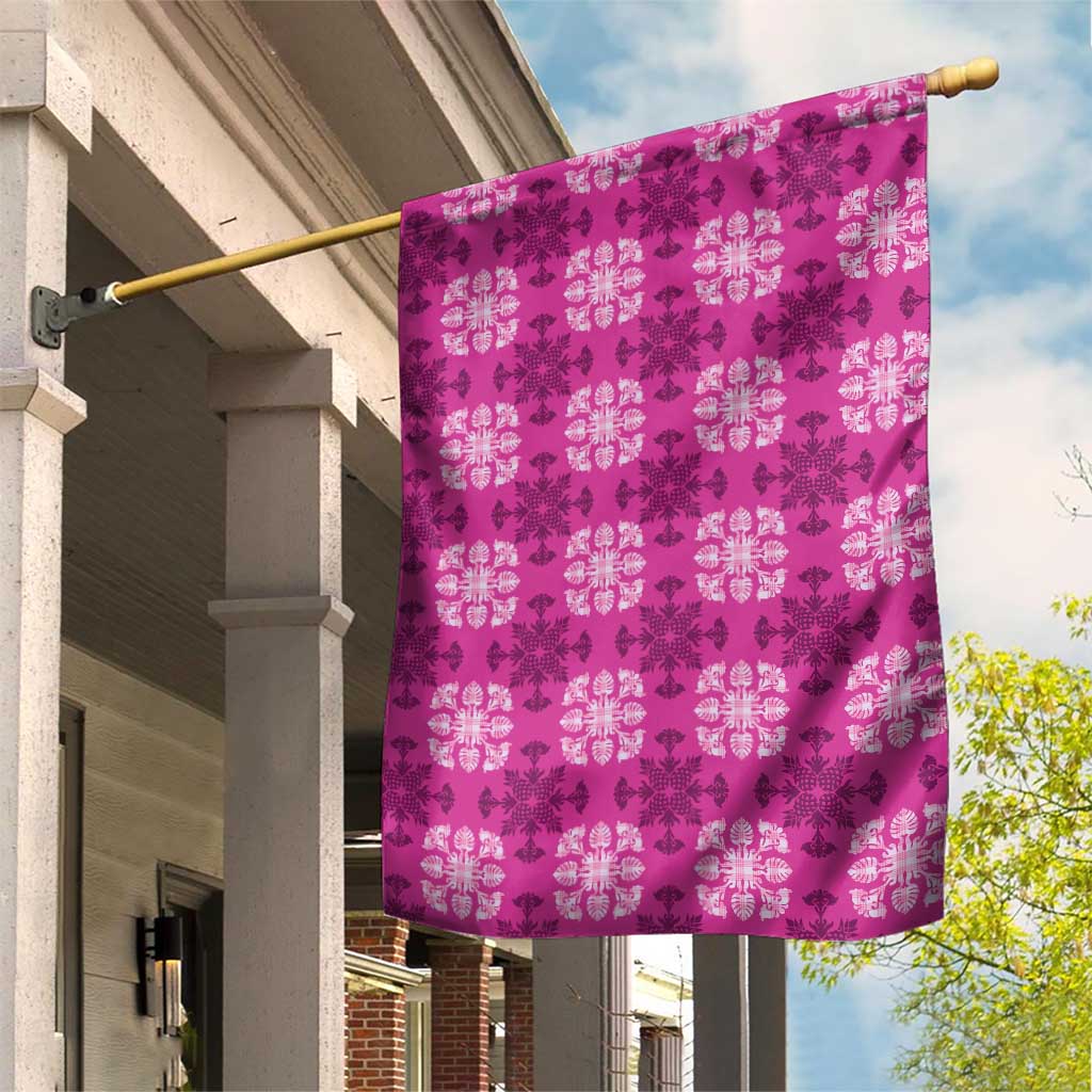 Pink Hawaiian Quilt Garden Flag Hawaii Pineapple Monstera Palaka Motifs - Polynesian Pride
