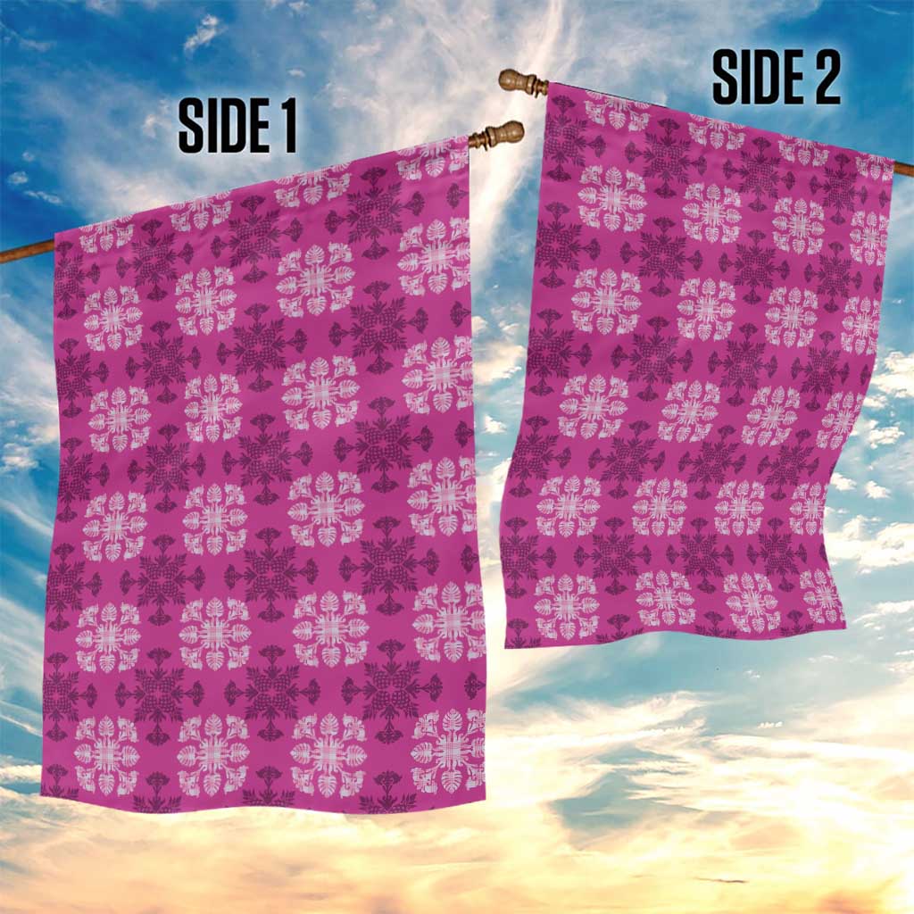 Pink Hawaiian Quilt Garden Flag Hawaii Pineapple Monstera Palaka Motifs - Polynesian Pride