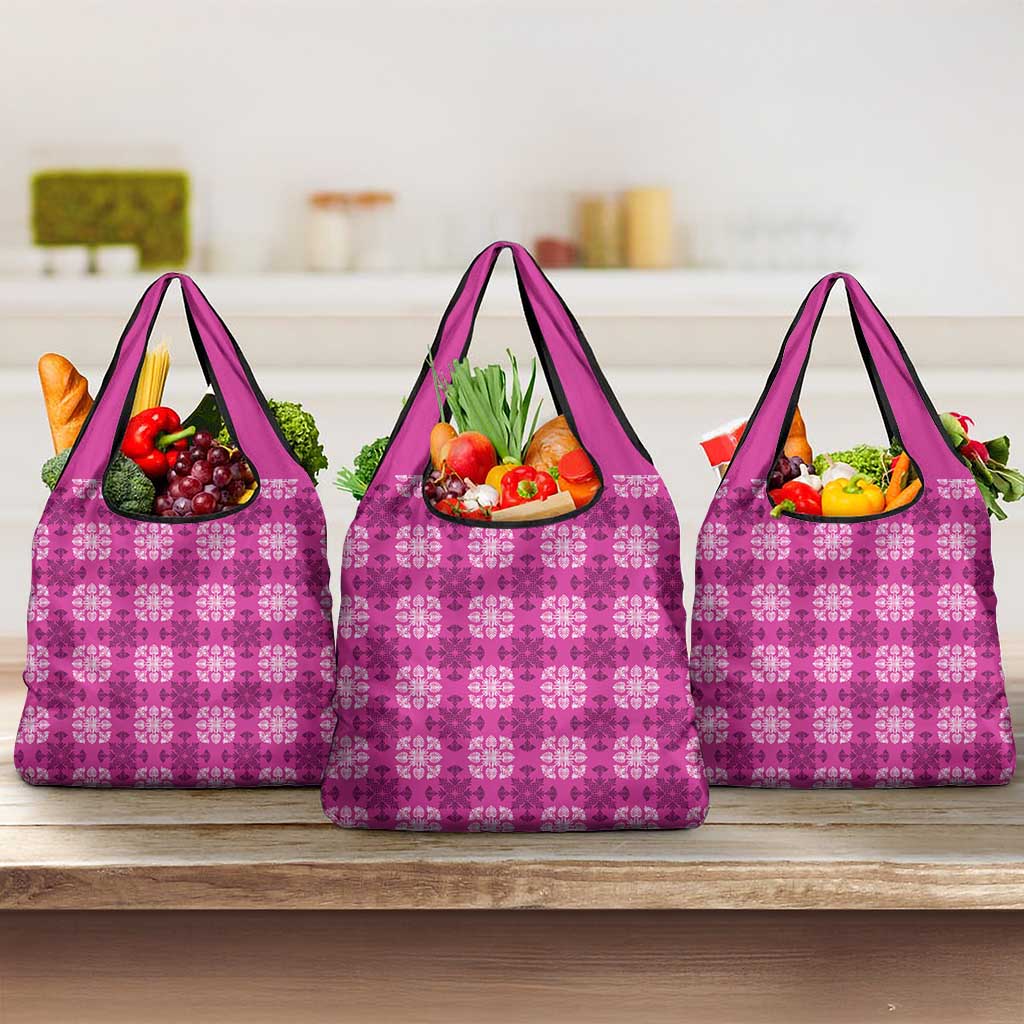 Pink Hawaiian Quilt Grocery Bag Hawaii Pineapple Monstera Palaka Motifs - Polynesian Pride