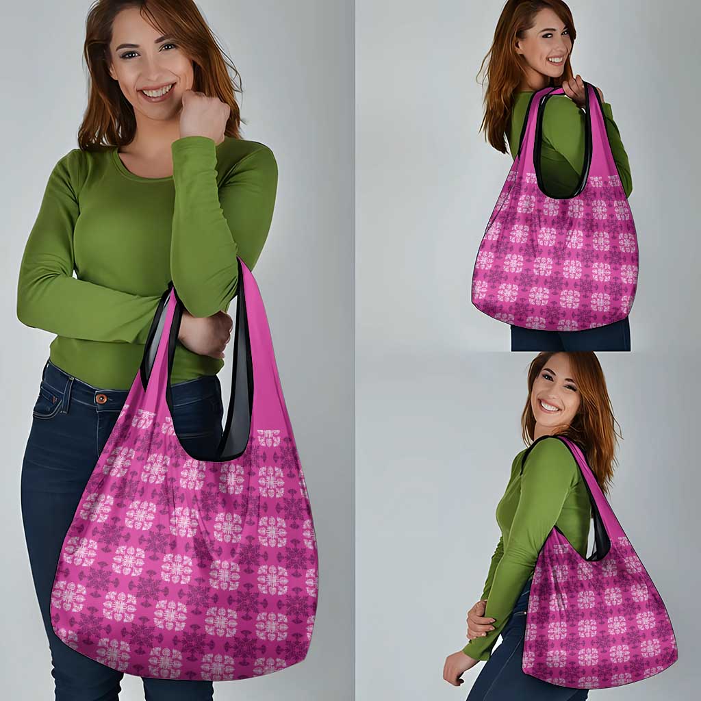 Pink Hawaiian Quilt Grocery Bag Hawaii Pineapple Monstera Palaka Motifs - Polynesian Pride