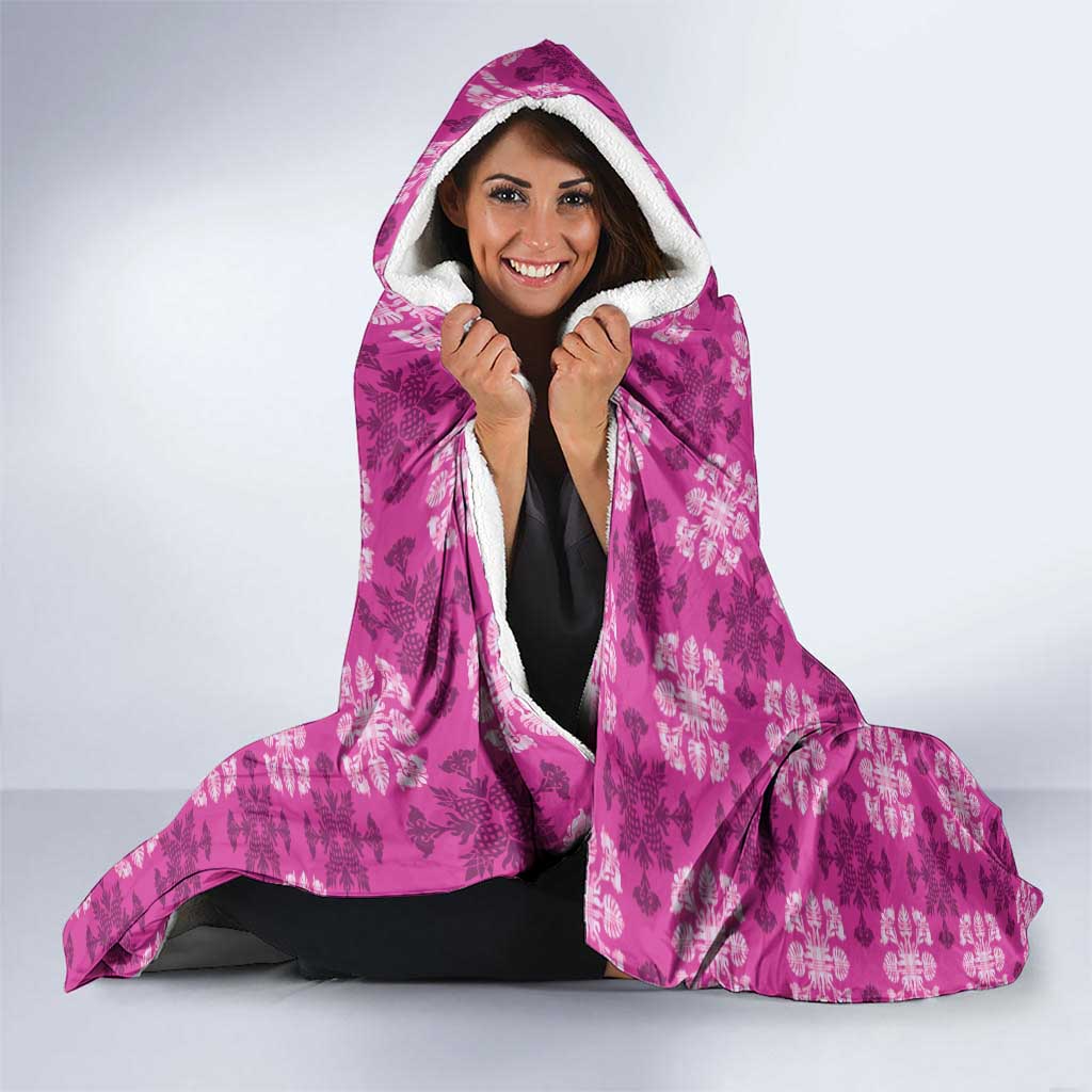 Pink Hawaiian Quilt Hooded Blanket Hawaii Pineapple Monstera Palaka Motifs - Polynesian Pride