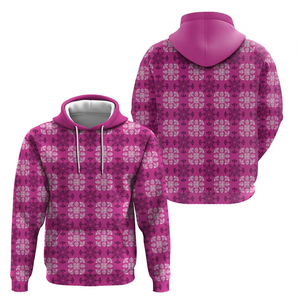Pink Hawaiian Quilt Hoodie Hawaii Pineapple Monstera Palaka Motifs - Polynesian Pride