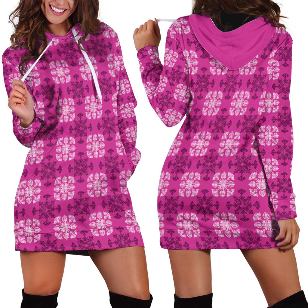 Pink Hawaiian Quilt Hoodie Dress Hawaii Pineapple Monstera Palaka Motifs - Polynesian Pride