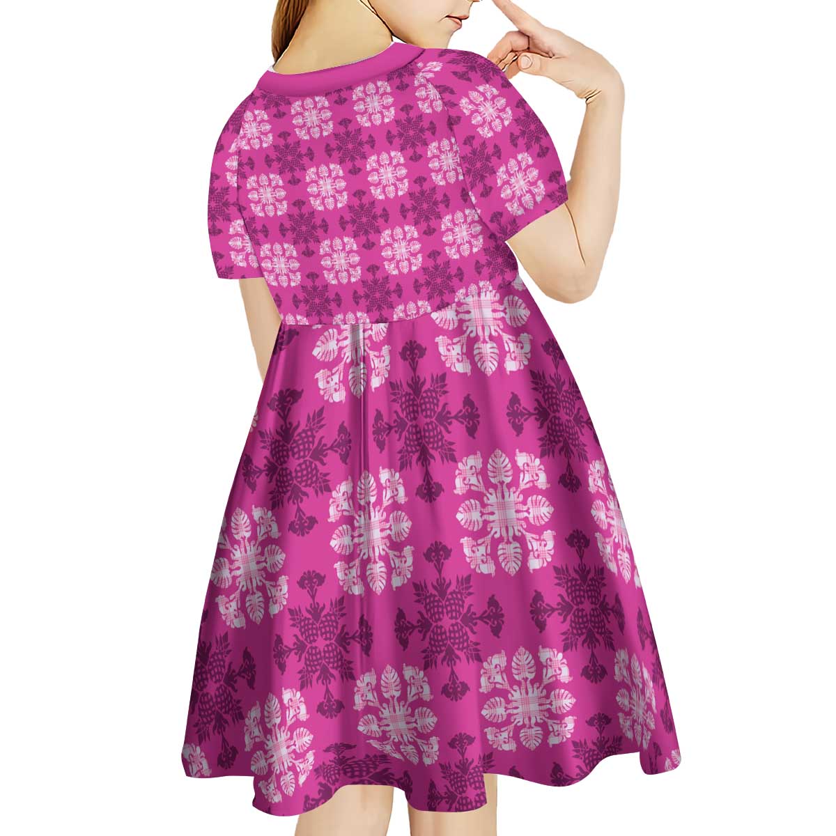 Pink Hawaiian Quilt Kid Short Sleeve Dress Hawaii Pineapple Monstera Palaka Motifs - Polynesian Pride