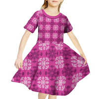 Pink Hawaiian Quilt Kid Short Sleeve Dress Hawaii Pineapple Monstera Palaka Motifs - Polynesian Pride