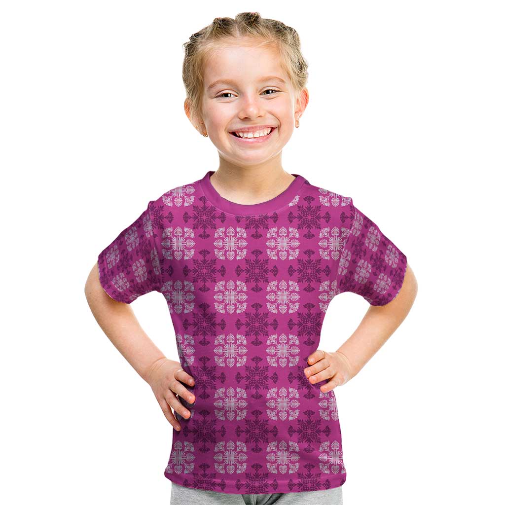 Pink Hawaiian Quilt Kid T Shirt Hawaii Pineapple Monstera Palaka Motifs - Polynesian Pride