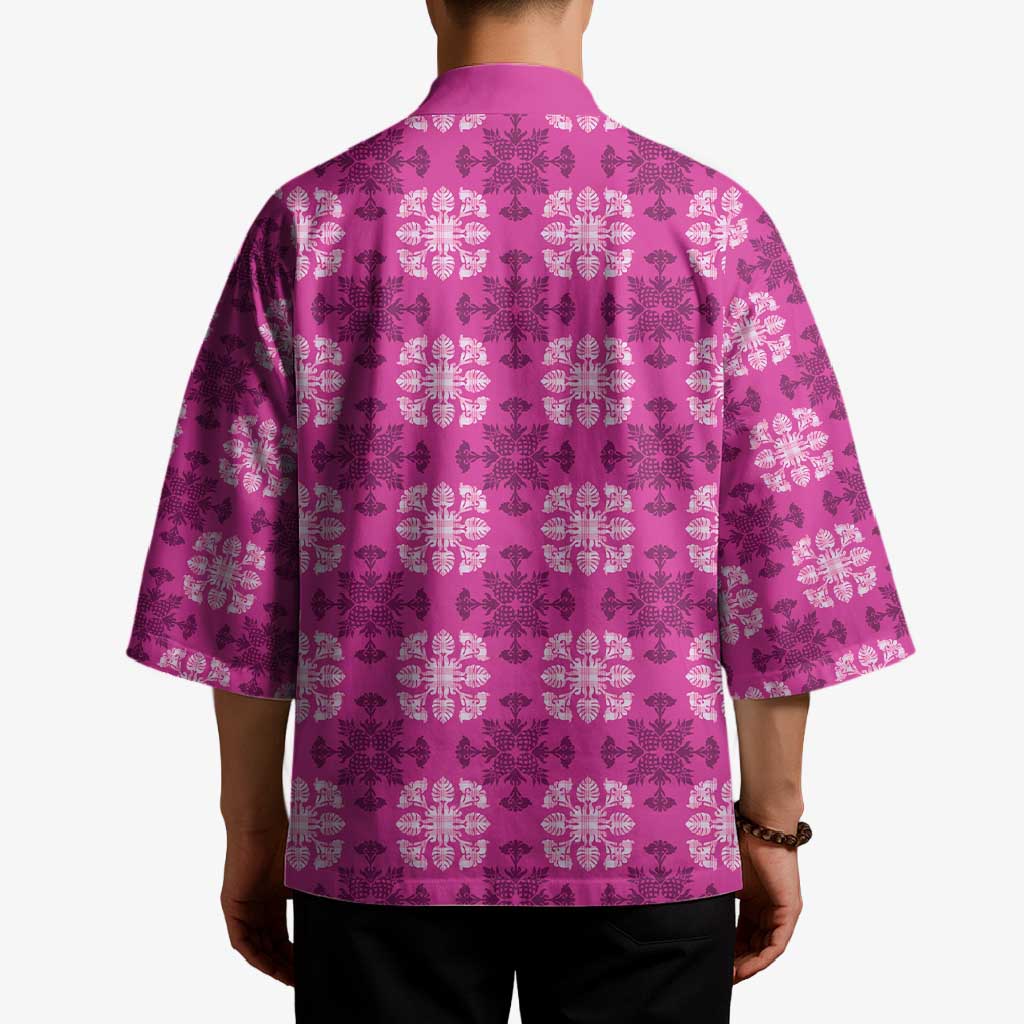 Pink Hawaiian Quilt Kimono Hawaii Pineapple Monstera Palaka Motifs - Polynesian Pride