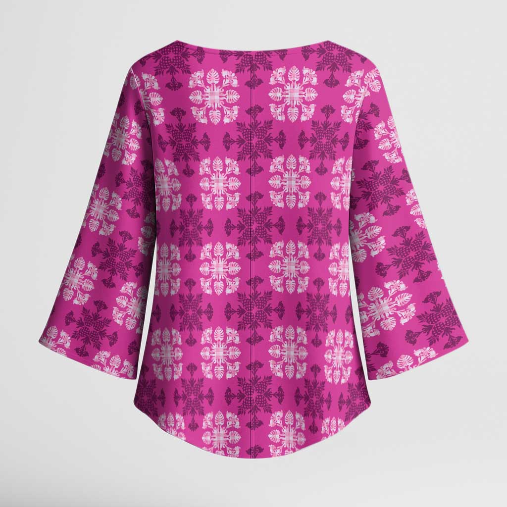 Pink Hawaiian Quilt Kimono Sleeve Blouse Hawaii Pineapple Monstera Palaka Motifs - Polynesian Pride