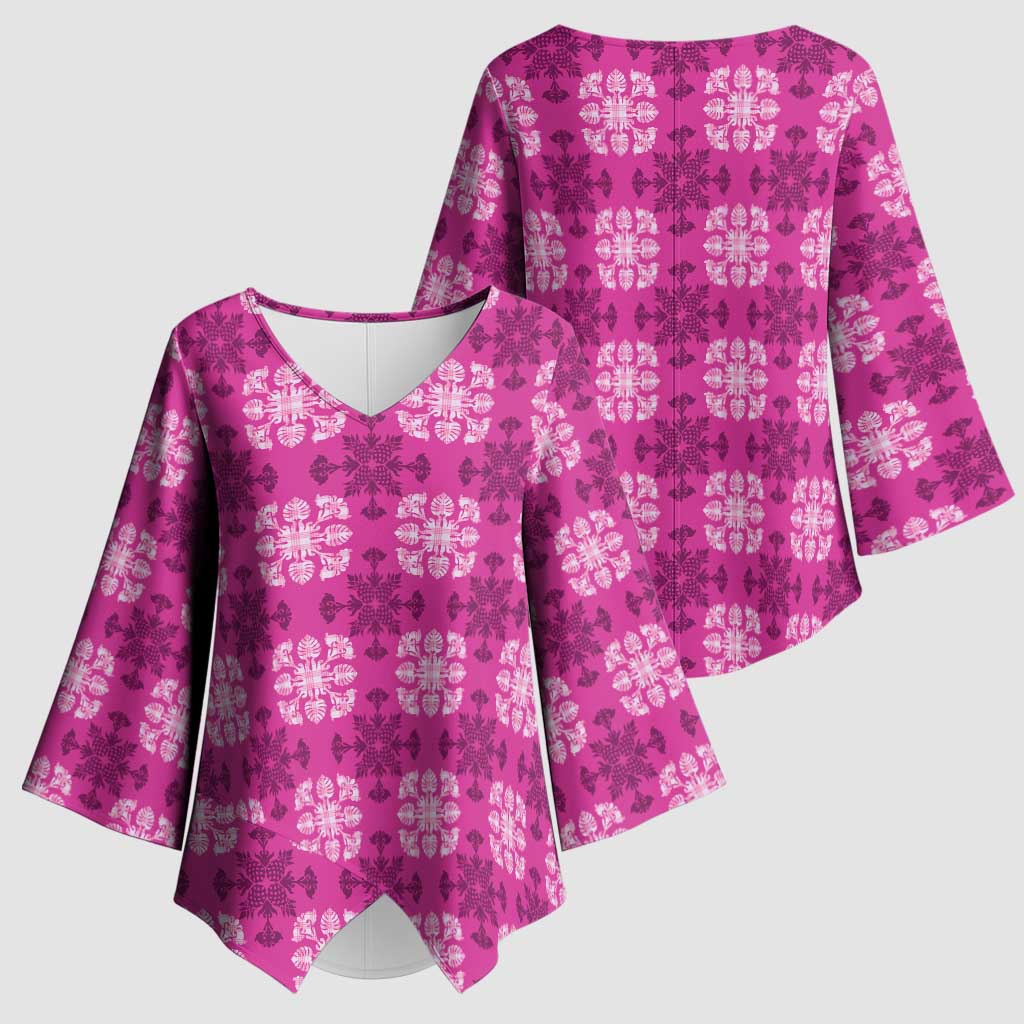Pink Hawaiian Quilt Kimono Sleeve Blouse Hawaii Pineapple Monstera Palaka Motifs - Polynesian Pride