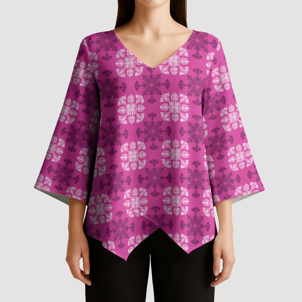 Pink Hawaiian Quilt Kimono Sleeve Blouse Hawaii Pineapple Monstera Palaka Motifs - Polynesian Pride