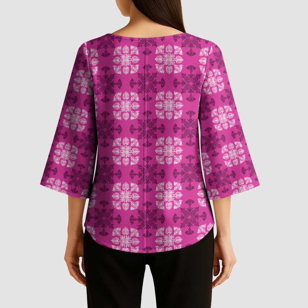Pink Hawaiian Quilt Kimono Sleeve Blouse Hawaii Pineapple Monstera Palaka Motifs - Polynesian Pride