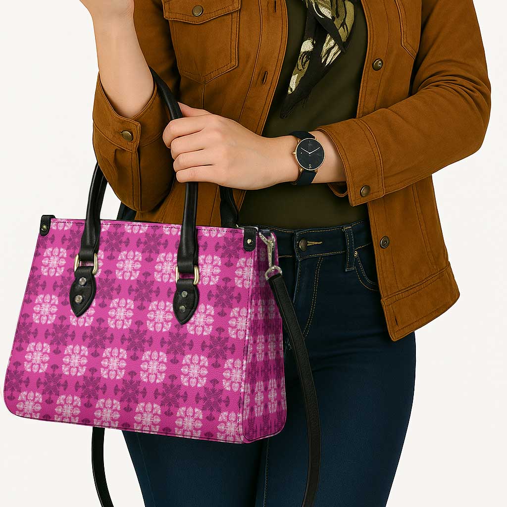 Pink Hawaiian Quilt Leather Bag Hawaii Pineapple Monstera Palaka Motifs - Polynesian Pride