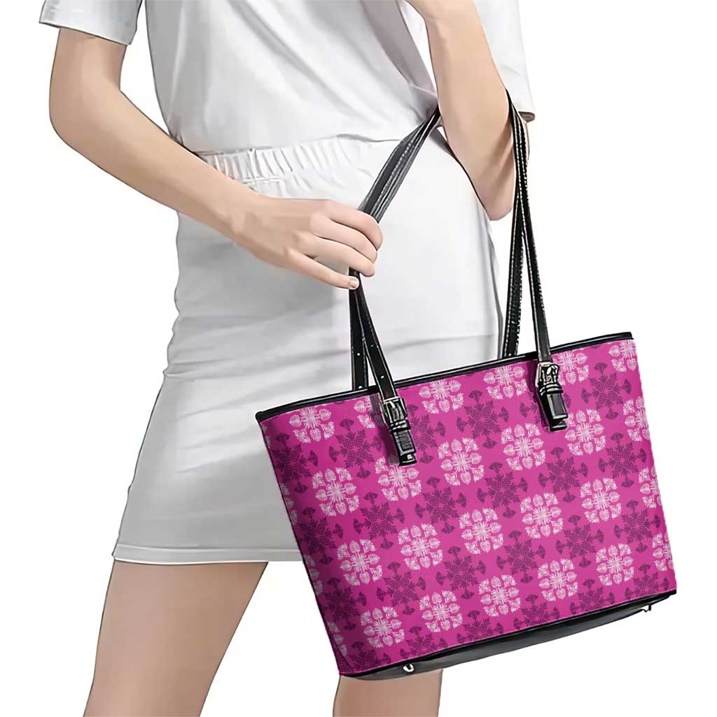 Pink Hawaiian Quilt Leather Tote Bag Hawaii Pineapple Monstera Palaka Motifs - Polynesian Pride