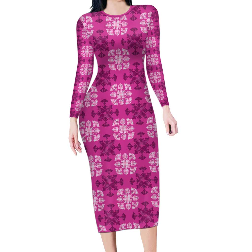 Pink Hawaiian Quilt Long Sleeve Bodycon Dress Hawaii Pineapple Monstera Palaka Motifs - Polynesian Pride