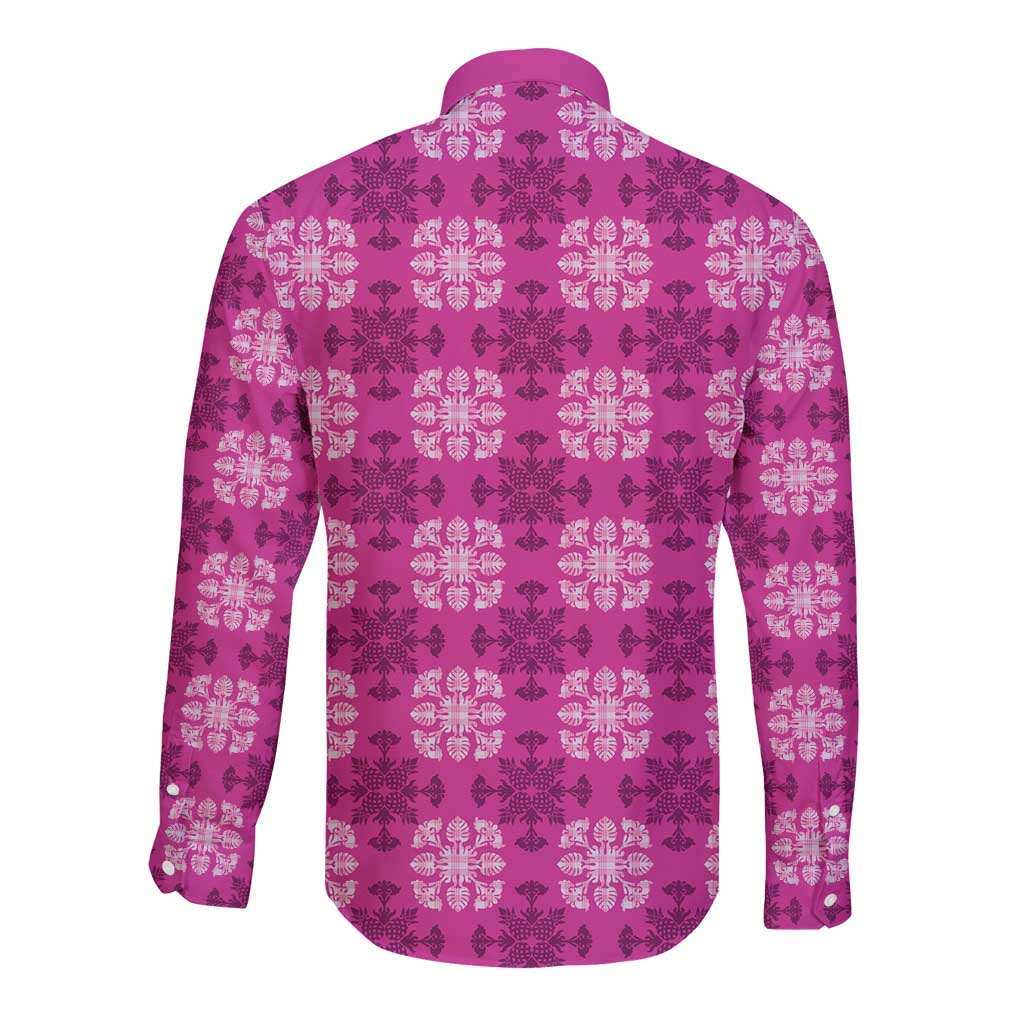 Pink Hawaiian Quilt Long Sleeve Button Shirt Hawaii Pineapple Monstera Palaka Motifs LT14 - Polynesian Pride