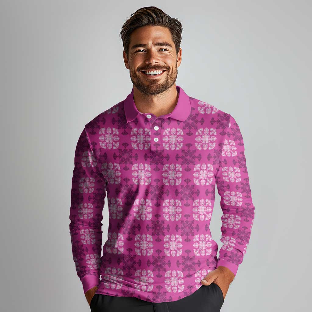 Pink Hawaiian Quilt Long Sleeve Polo Shirt Hawaii Pineapple Monstera Palaka Motifs - Polynesian Pride