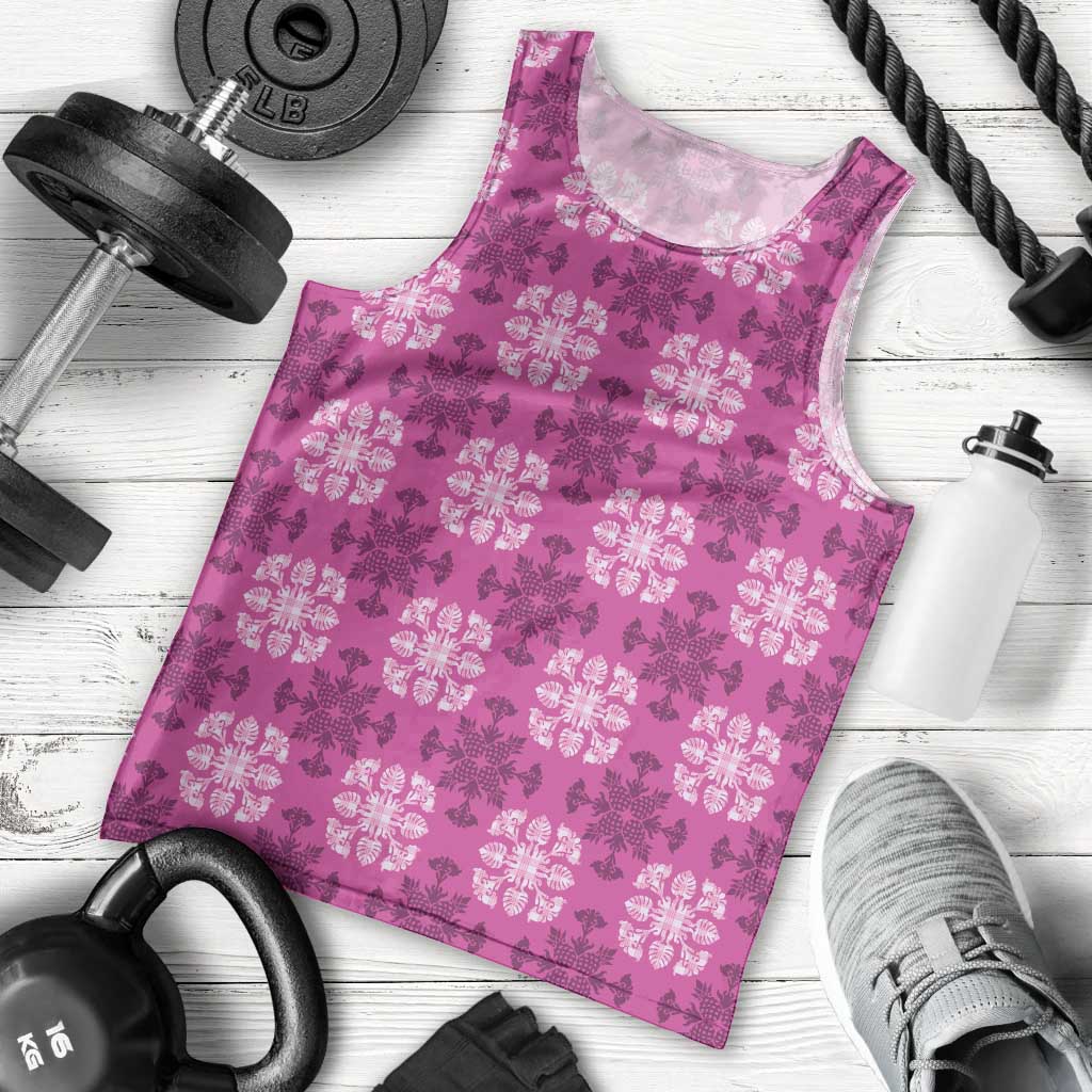 Pink Hawaiian Quilt Men Tank Top Hawaii Pineapple Monstera Palaka Motifs - Polynesian Pride