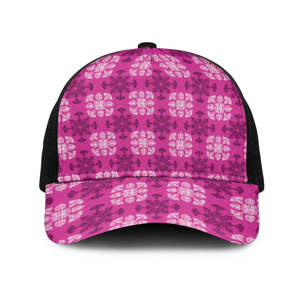 Pink Hawaiian Quilt Mesh Trucker Cap Hawaii Pineapple Monstera Palaka Motifs - Polynesian Pride