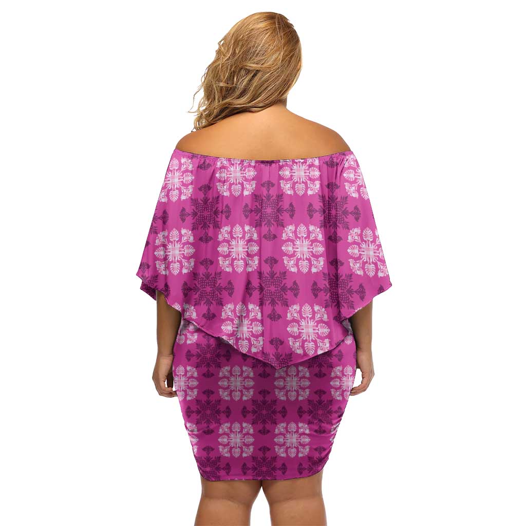 Pink Hawaiian Quilt Off Shoulder Short Dress Hawaii Pineapple Monstera Palaka Motifs - Polynesian Pride