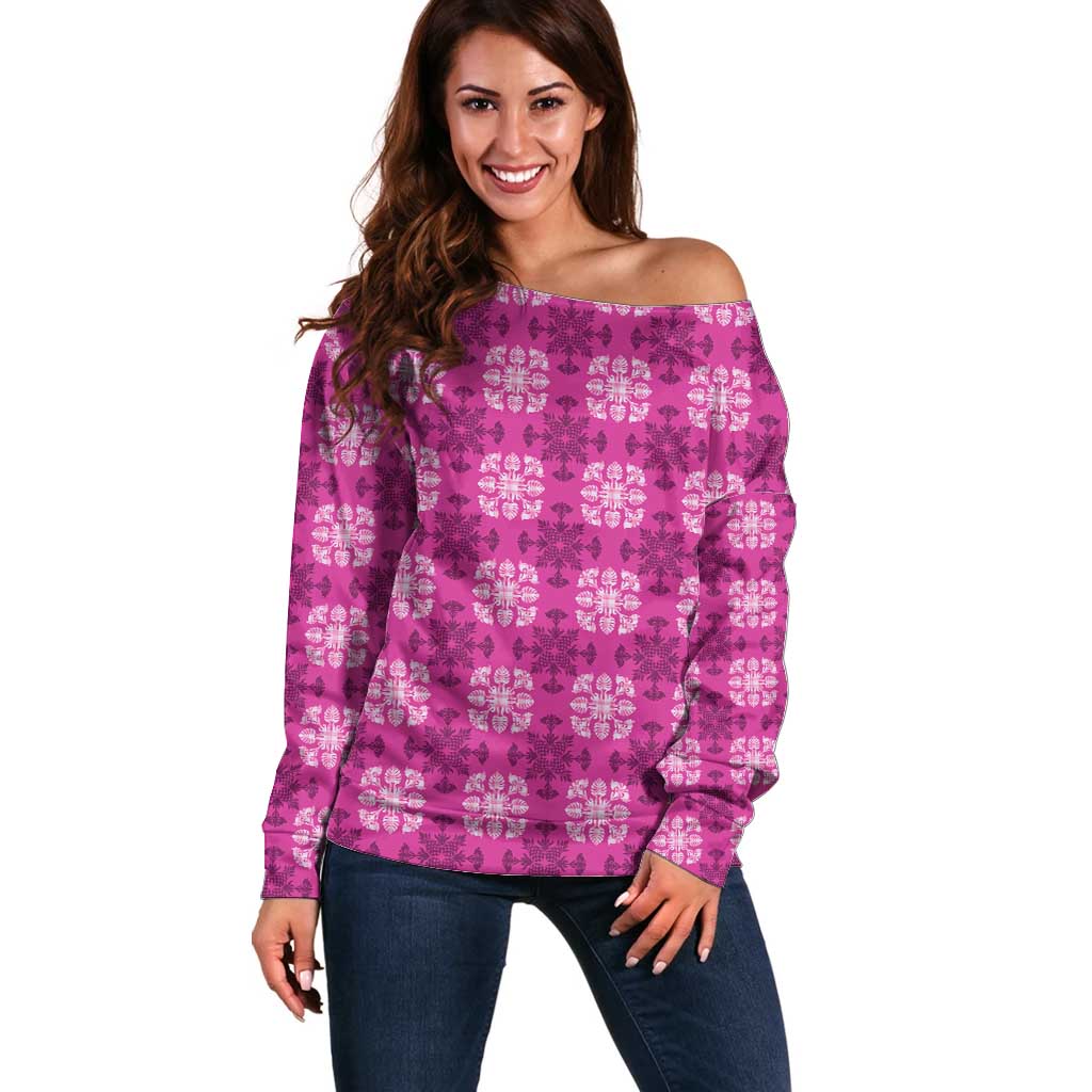 Pink Hawaiian Quilt Off Shoulder Sweater Hawaii Pineapple Monstera Palaka Motifs - Polynesian Pride