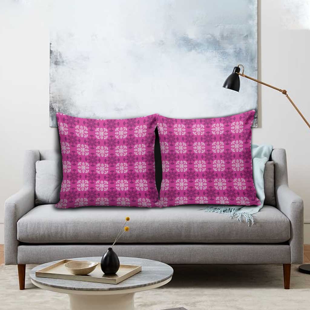 Pink Hawaiian Quilt Pillow Cover Hawaii Pineapple Monstera Palaka Motifs - Polynesian Pride