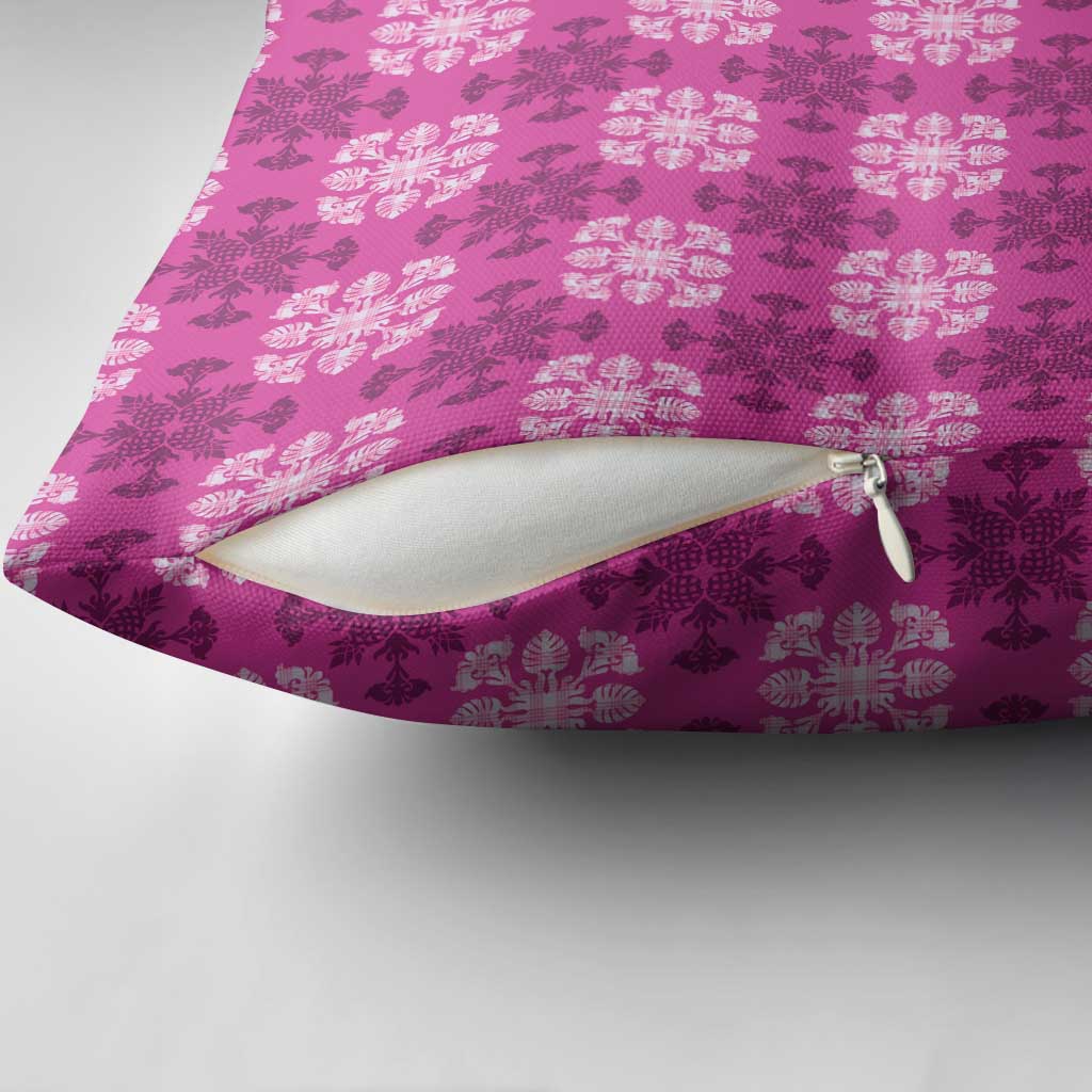 Pink Hawaiian Quilt Pillow Cover Hawaii Pineapple Monstera Palaka Motifs - Polynesian Pride