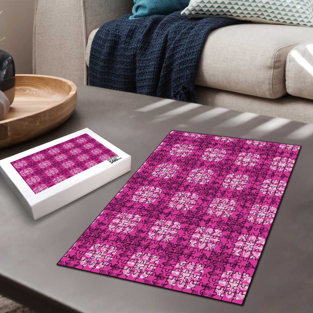 Pink Hawaiian Quilt Puzzle Hawaii Pineapple Monstera Palaka Motifs - Polynesian Pride